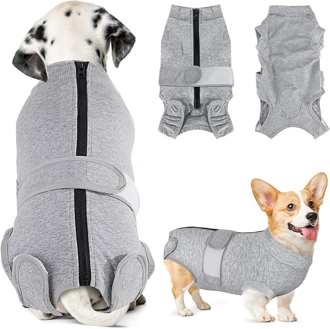 Lukovee Recovery Suit for Dogs, Zipper On Recovery Suit for Female Male Dog, Onesie Abdominal Wounds Cone E-Collar Alternative Prevent Licking Spay Recovery Suit (Large, Gy)