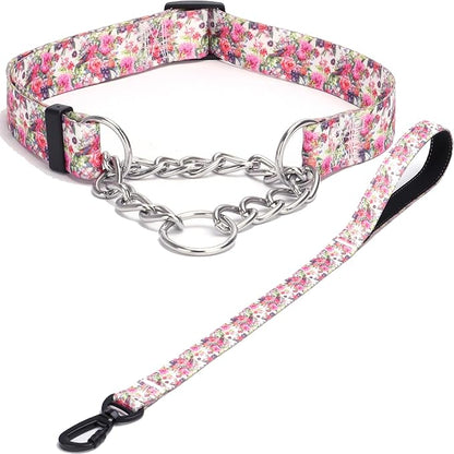Martingale Dog Collar with Stainless Steel Chain - Limited Chain Cinch Training Collar for No Pull Training Dog - Flower Multicolor Cute Patterns - Premium No Slip Collar (M, Peony Set)