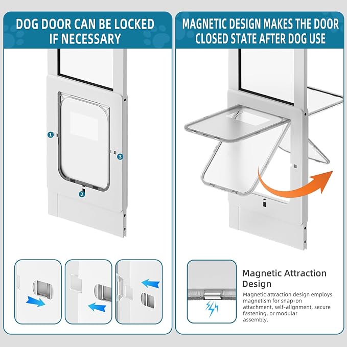 Dog Door for Sliding Glass Door, Magnetic Plastic Flap, Adjustable Height, No-Cut Insert with Lock, Ideal for Renters, Apartments, Patio White L
