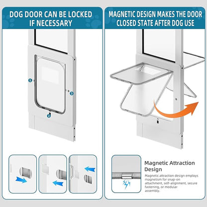 Dog Door for Sliding Glass Door, Magnetic Plastic Flap, Adjustable Height, No-Cut Insert with Lock, Ideal for Renters, Apartments, Patio White L