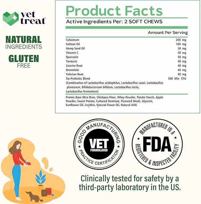 Vet Treat Dog Allergy Relief Chews - 170 Dog Allergy Chews - Itch Relief for Dogs - Anti Itch for Dogs - Dry & Itchy Skin - Allergies & Immune Support Supplement, Omega 3, Fish Oil, Colostrum - USA