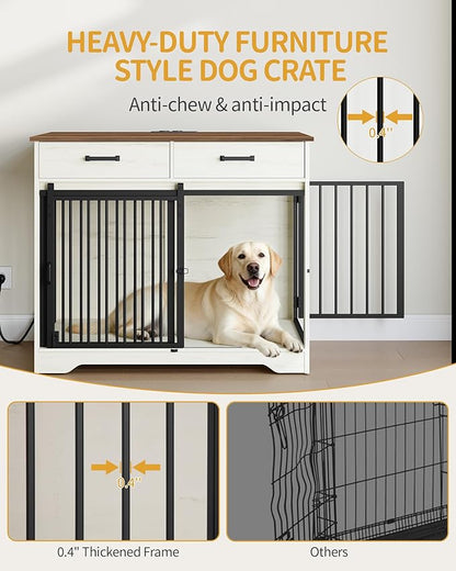 Hzuaneri 38.2'' Dog Crate Furniture with Charging Station, Barn Door Dog Kennel Indoor with 2 Storage Drawers, Wooden Pet Cage End Side Table for Medium/Large Dogs, Chew-Proof, White Brown DFC90314B