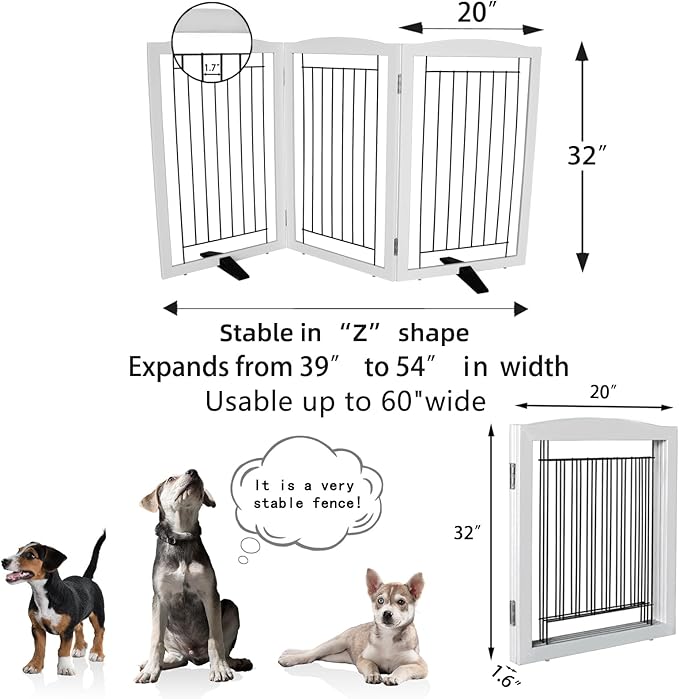 ZJSF Freestanding Dog Fence Indoor, Foldable Dog Gate for Doorways, Stairs or Hallways, Sturdy Wood Extra Wide Pet Gate with Support Feet for The House, White, 32 "Height-3 Panels