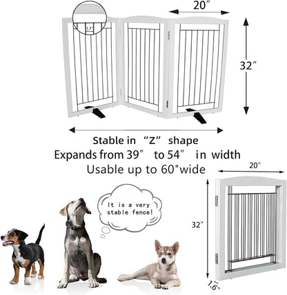 ZJSF Freestanding Dog Fence Indoor, Foldable Dog Gate for Doorways, Stairs or Hallways, Sturdy Wood Extra Wide Pet Gate with Support Feet for The House, White, 32 "Height-3 Panels