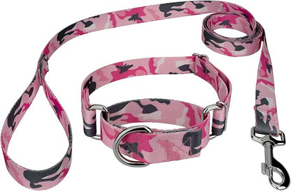 Country Brook Petz - Pink and Grey Camo Martingale Dog Collar and Leash - Camouflage Collection Featuring Rugged Designs (1/2 Inch, 2XS)