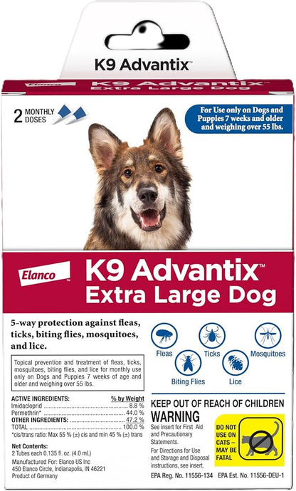 K9 Advantix Flea, Tick & Mosquito Prevention for Dogs Over 55 lbs. | Flea Drops for Extra Large Dogs | Apply Monthly | 2 Treatments