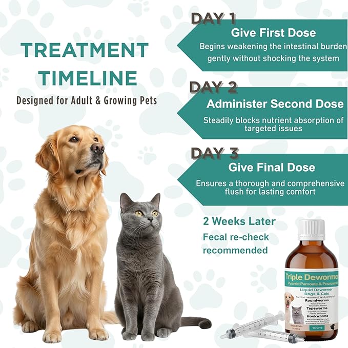 Dewormer Liquid for Cats and Dogs Broad Spectrum,Pyrantel Pamoate and Praziquantel Targets Tapeworm Roundworm and Hookworm Fast Acting Solution for Puppy Kitten Small Medium Large Breeds-3.38 fl oz