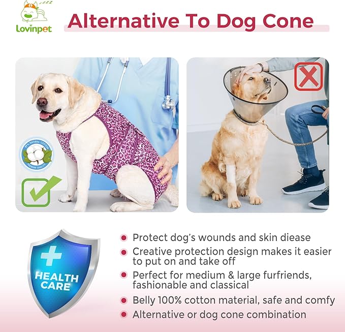 LovinPet Dog Recovery Suit for Large Medium Dogs - Professional Large Dog Recovery Suit,Post-Operative Vest E-Collar Alternative,Legs Without Coverage Design, Leopard Print Style, Pink,XXL