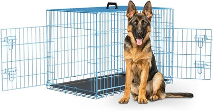Large Dog Crate Kennel Metal Dog Cage for Medium Large Dogs Double-Door Folding Travel Indoor Outdoor Puppy Playpen with Divider and Handle Plastic Tray,42",Blue