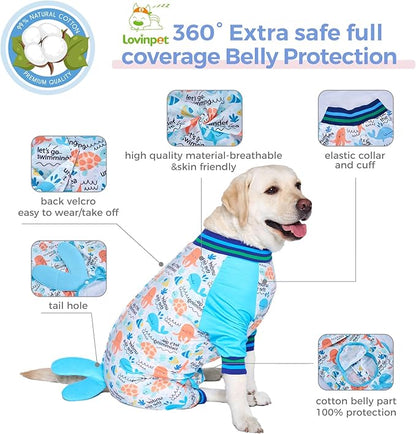 LovinPet Dog Recovery Suit - Medium Large - Dog Bodysuit for Abdominal Wound After Surgery Anti Licking Abdominal Wound Surgical Clothes Post-Operative Vest,Whale,Blue,3XL