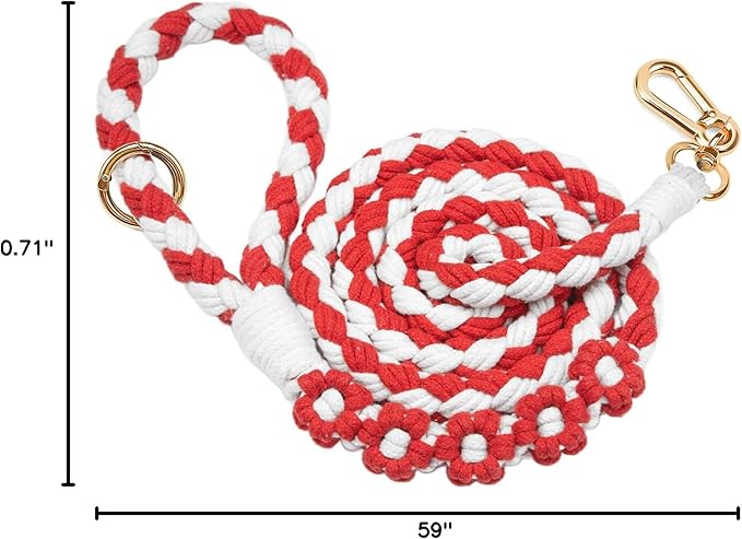 Handmade 5ft Braided Cotton Dog Leash with Unique Floral Handle, Durable and Stylish, Ideal for Small to Large Dogs, Red & White Twist