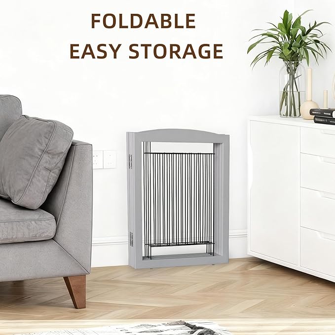 ZJSF Freestanding Foldable Dog Gate for House Extra Wide Wooden Grey Puppy Gate Stairs Dog Gates Doorways Tall Pet Gate 24" Height 4 Panels Pet Fence