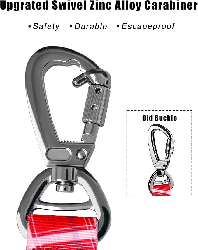 Hotsky Tactical Dog Leash Heavy Duty for Medium Large Dogs that Pull,4-6Ft Strong Bungee Shock Absorbing No Pull Dog Leash with Padded Double Handle and Car Seatbelt,Red Plaid