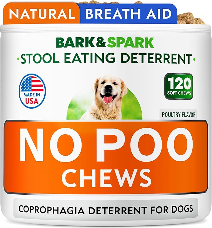 BARK&SPARK No Poo Chews for Dogs - Coprophagia & Stool Eating Deterrent with Probiotics, Digestive Enzymes & Breath Aid Support - Stop Dog Poop Eating - Made in USA - 120Ct (Poultry Flavor)
