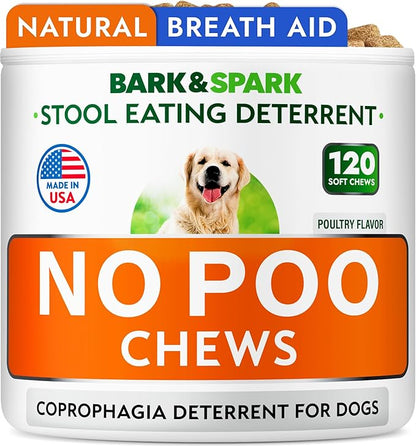 BARK&SPARK No Poo Chews for Dogs - Coprophagia & Stool Eating Deterrent with Probiotics, Digestive Enzymes & Breath Aid Support - Stop Dog Poop Eating - Made in USA - 120Ct (Poultry Flavor)