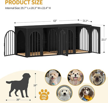 Hzuaneri 63" Dog Crate Furniture for 2 Dogs, Heavy Duty Indoor Dog Kennel TV Stand, L Wooden Dog Cage with Divider for Medium Large Dogs, End Table Dog Crate with Cushion, Black DFC80904B