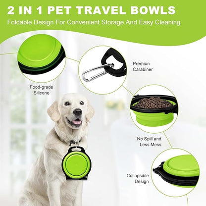 Collapsible Silicone Cat and Dog Travel Bowls,2 in 1 Foldable Pet Feeding and Watering Dish for Walking Camping Hiking with Carabiner (Green)