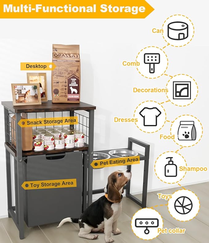 30.6Long x 26.2 High Elevated Dog Bowl Stand with Pet Food Storage Organizer, Adjustable Raised Feeding Station with Toy Basket for Large Medium Small Dogs and Cats, Black