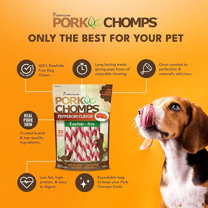 Pork Chomps Baked Pork Skin Dog Chews, 5 Inch Mini Twists, 30 Count - Pepperoni Flavor Wrap - Long-Lasting Treats for Dogs - High Protein, Rawhide-Free, Low Fat, Healthy & Delicious Chews