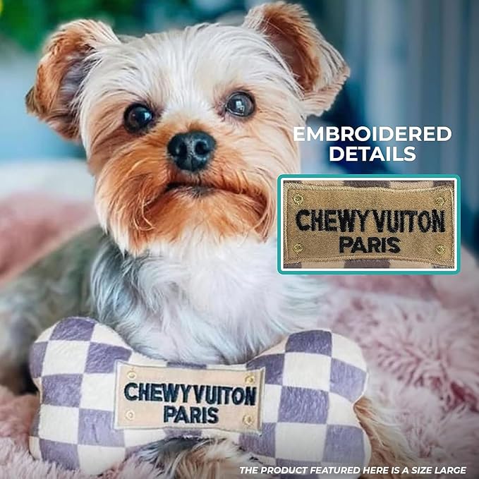 Haute Diggity Dog Chewy Vuiton Bone Plush Squeaky Dog Toy, Soft Durable Designer-Inspired Stuffed Puppy Chew Toys for Small, Medium & Large Dogs, Machine-Washable (Tan Checker) XL