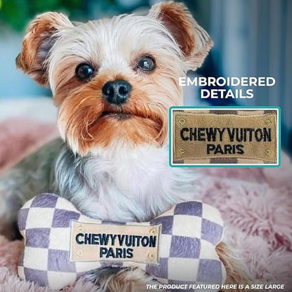 Haute Diggity Dog Chewy Vuiton Bone Plush Squeaky Dog Toy, Soft Durable Designer-Inspired Stuffed Puppy Chew Toys for Small, Medium & Large Dogs, Machine-Washable (Tan Checker) XL