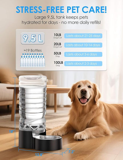 Heouvo 2.5 Gallon Automatic Dog Water Dispenser【Wide Mouth for Easy Hand-in Cleaning】【Removable Stainless Steel Bowl】, Gravity Refilling Large Capacity for Cats and Dogs, Multi-Pet Homes