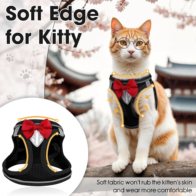 Cat Vest Harness and Leash Set for Walking Escape Proof, Adjustable Kitten Harness Breathable Mesh with Reflective Strips Harness for Kitty Puppy Bunny (Black,S)