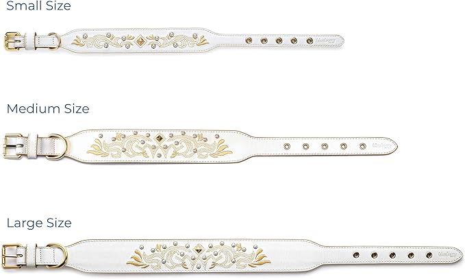 Blueberry Pet Western Dog Collar in Pearl White - Genuine Leather Dog Collars for Medium Dogs & Large Dogs with Floral Embroidery, Adjustable 18-22 Inch, Cowboy Style, Pearl Studs
