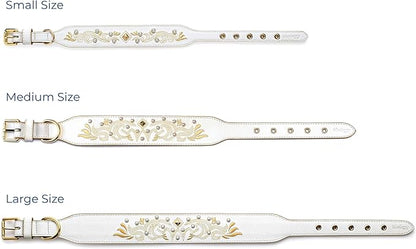 Blueberry Pet Western Dog Collar in Pearl White - Genuine Leather Dog Collars for Medium Dogs & Large Dogs with Floral Embroidery, Adjustable 18-22 Inch, Cowboy Style, Pearl Studs