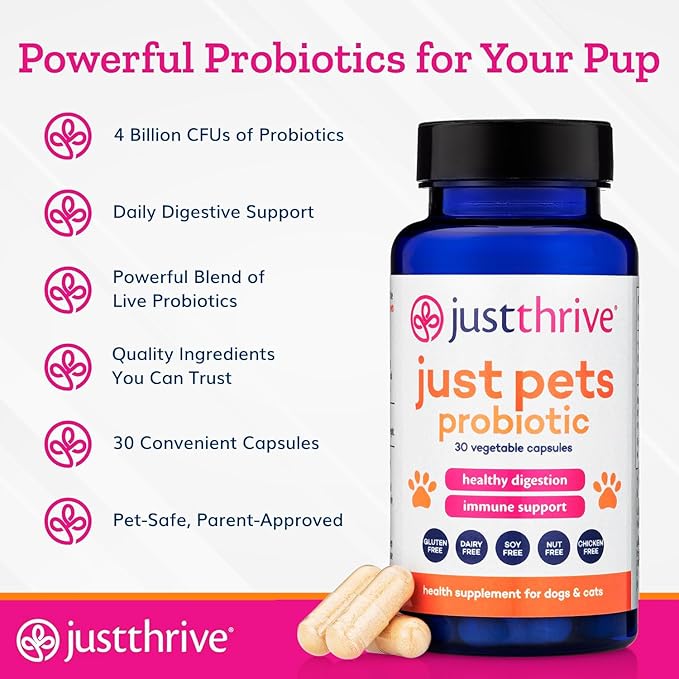 Just Thrive Just Pets Probiotic - Daily Digestive Probiotics for Dogs and Cats - 4 Billion CFUs Pet Probiotic, 30 Capsules