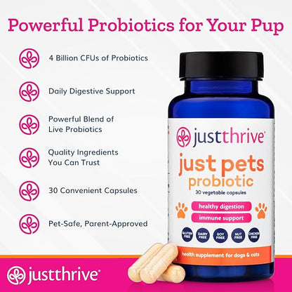 Just Thrive Just Pets Probiotic - Daily Digestive Probiotics for Dogs and Cats - 4 Billion CFUs Pet Probiotic, 30 Capsules