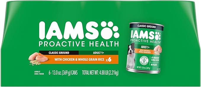 IAMS Proactive Health Wet Dog Food, Adult Wet Dog Food Multipack Ground Dinner, with Chicken & Whole Grain Rice, 13 oz. Cans (Pack of 6)