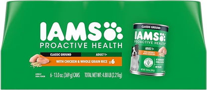 IAMS Proactive Health Wet Dog Food, Adult Wet Dog Food Multipack Ground Dinner, with Chicken & Whole Grain Rice, 13 oz. Cans (Pack of 6)