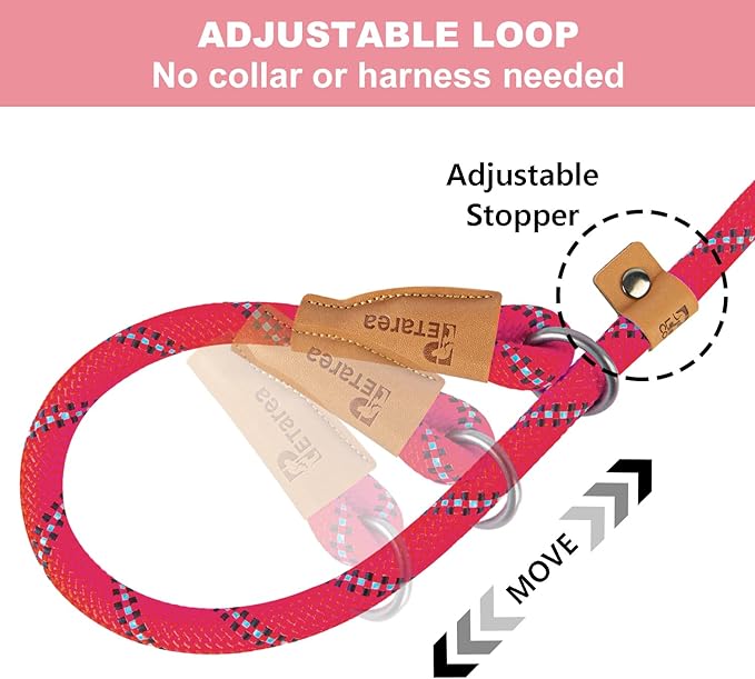 5 FT Slip Lead Dog Leash, Heavy Duty Rope Leash for Small Medium Large Dogs, No Pull Training Lead with Reflective Thread, Strong Comfortable Loop Leash (Red Stripe, Medium(3/8"))