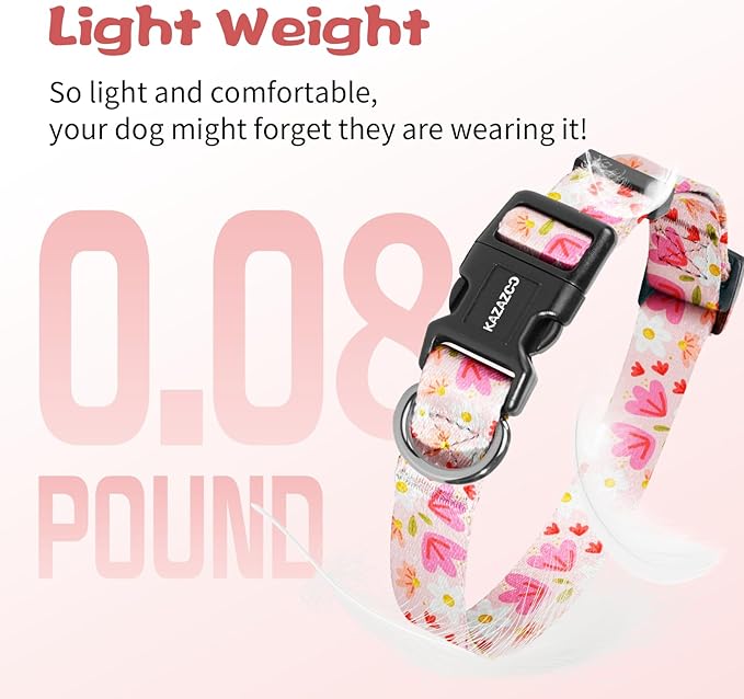 Kazazoo Dog Collar Cute and Soft Nylon Puppy Collar Girl, Adjustable Dog Collars for Small Medium Dogs, Pink Flowers-M