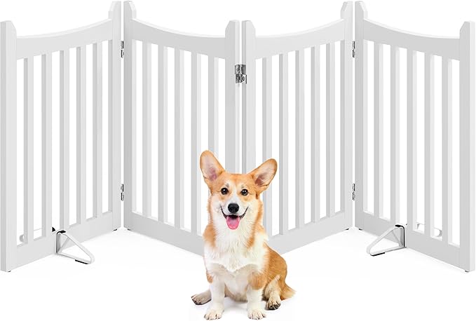 Yaheetech 24" H Freestanding Pet Gate for Dogs Wooden Dog Gates for Hallway, Doorway Collapsible Indoor Pet Fence with Support Feet Stair Barrier 4 Panels Fence White