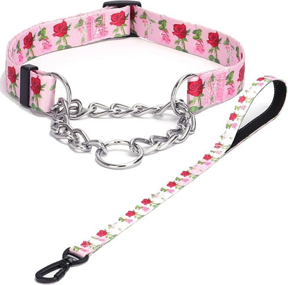 Martingale Dog Collar with Stainless Steel Chain - Limited Chain Cinch Training Collar for No Pull Training Dog - Flower Multicolor Cute Patterns - Premium No Slip Collar (M, Roses Set)