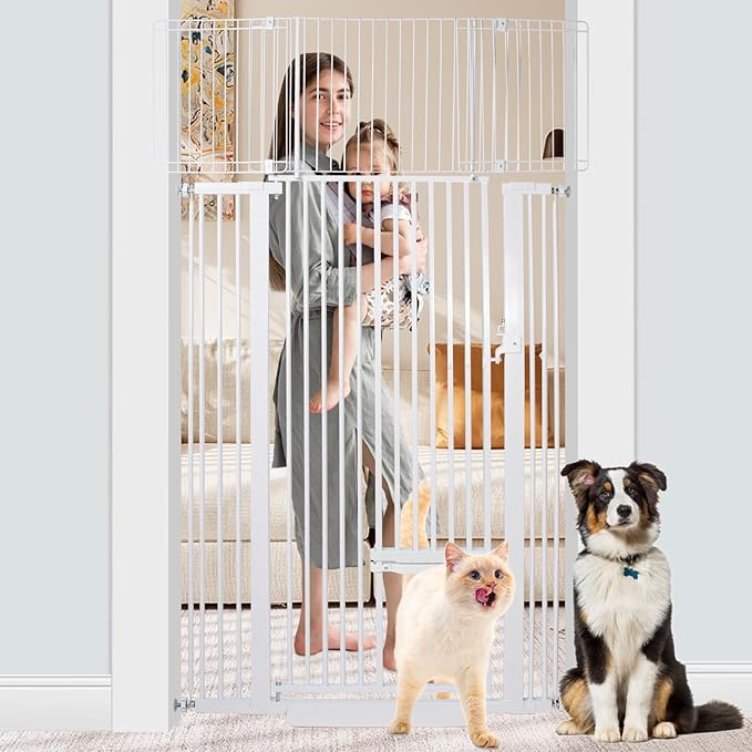 SHYUJAJIE 71 Inch Extra Tall Pet Gate with Small Cat Door, 29.55"-40.55" Adjustable Wide Dog Gate, Tall Cats Gates for Doorway, Stairs, House(White)