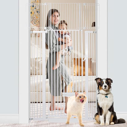 SHYUJAJIE 71 Inch Extra Tall Pet Gate with Small Cat Door, 29.55"-40.55" Adjustable Wide Dog Gate, Tall Cats Gates for Doorway, Stairs, House(White)