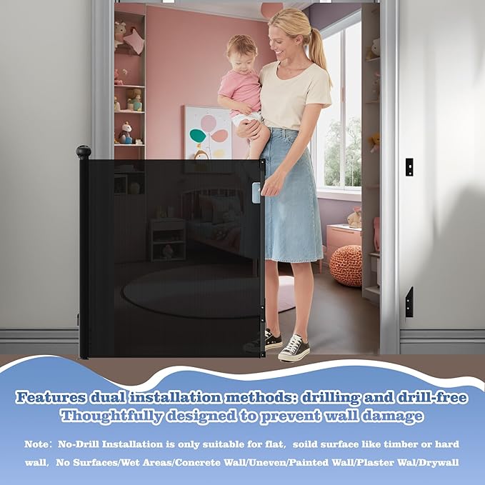 Retractable Baby Gate for Stairs Doorways, Extra Wide 55" No-Drill Pressure Mount OR Screw Mount, Space Saving Mesh Gate with No Bottom Bar Trip Hazard, for Indoor Outdoor Use with Kids, Dogs & Cats