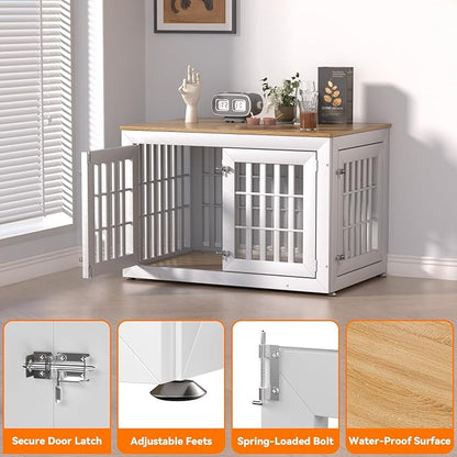 Snuowu 42" Heavy Duty Dog Crate Furniture for Small,Medium and Large Dogs,Rustic Wooden Dog Cage Kennel Indoor Furniture with Waterproof Top,Decorative Pet House Side End Table (White & Wood)