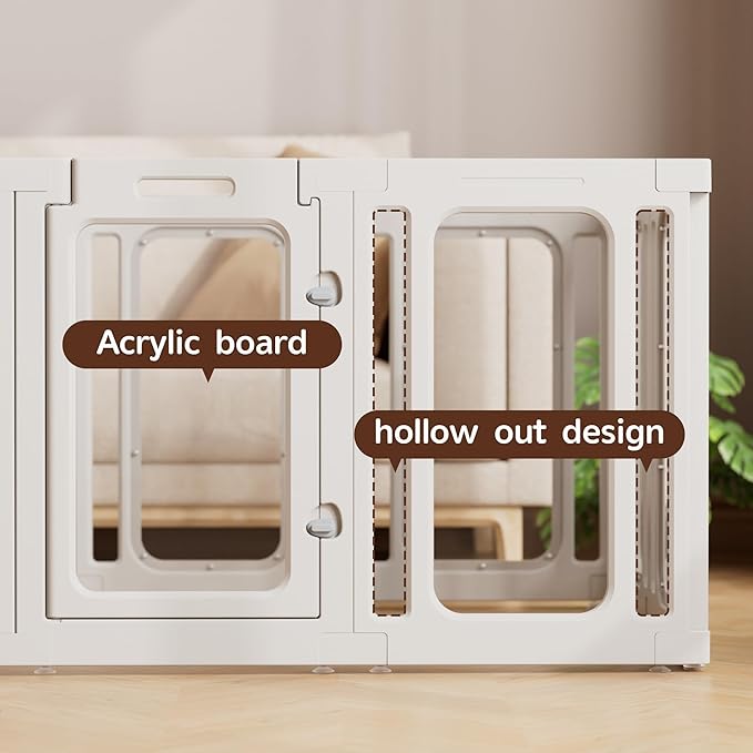 Jalove Dog Playpen Indoor, 24" H Plastic Dog Play Pen with Window, Clear Acrylic Pet Playpen for Puppy Cat Rabbit Ferret, Small Dogs Fence Crate Kennel, Whelping Cage (White, 10 Panels)
