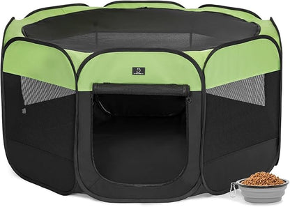 Dog Playpen for Small Dogs & Puppies, 50.39" Portable Indoor Outdoor Puppy Playpen with Bowl, Waterproof Floor, Foldable Pop-Up Pet Pen for Home, Travel & Daily Use, Green+Black