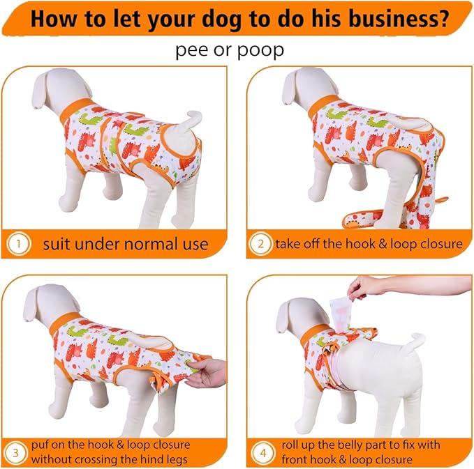 PetWarm Dog Neuter Recovery Suit Male, Onesie for Dogs After Surgery, Professional Dog Recovery Shirt Abdominal Wounds Bandages Substitute E-Collar and Cone, Dinosaur Pattern, Yellow, 2XL