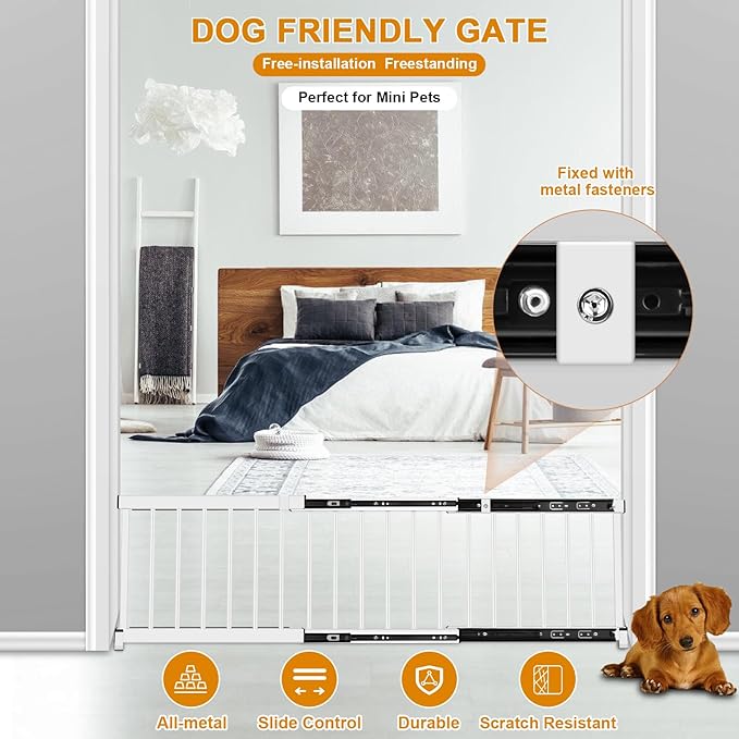 White Metal Dog Gate for Small Dogs - 13.3" Short Freestanding Puppy Gate with Retractable Sliding Rail, No Installation, Indoor/Outdoor Use, Foldable & Portable Pet Barrier