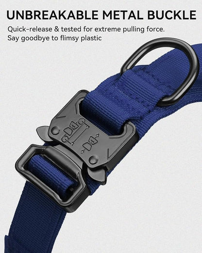 Joytale Tactical Dog Collar with Handle and Metal Buckle, Heavy Duty Padded Military Collar with 2 Patches for Training, Adjustable for Medium Dogs, Navyblue, M