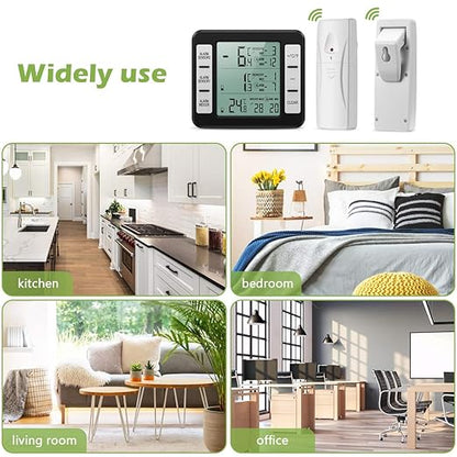 KeeKit Refrigerator Thermometer, Indoor Outdoor Thermometer with 2 Sensors, Wireless Digital Freezer Thermometer with Audible Alarm Temperature Gauge, Min/Max Record for Home, Kitchen