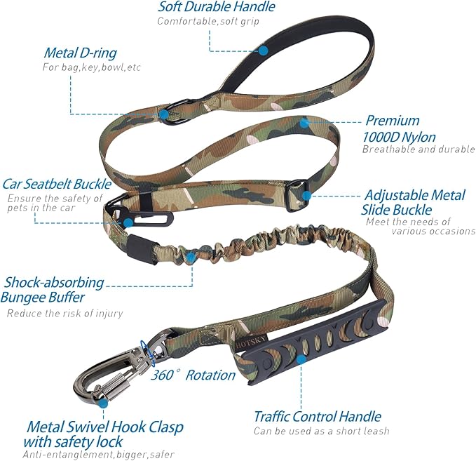 Hotsky Tactical Dog Leash Heavy Duty for Medium Large Dogs that Pull,4-6Ft Strong Bungee Shock Absorbing No Pull Dog Leash with Padded Double Handle and Car Seatbelt,CP