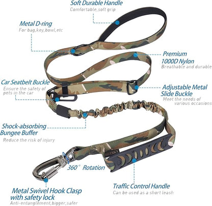 Hotsky Tactical Dog Leash Heavy Duty for Medium Large Dogs that Pull,4-6Ft Strong Bungee Shock Absorbing No Pull Dog Leash with Padded Double Handle and Car Seatbelt,CP
