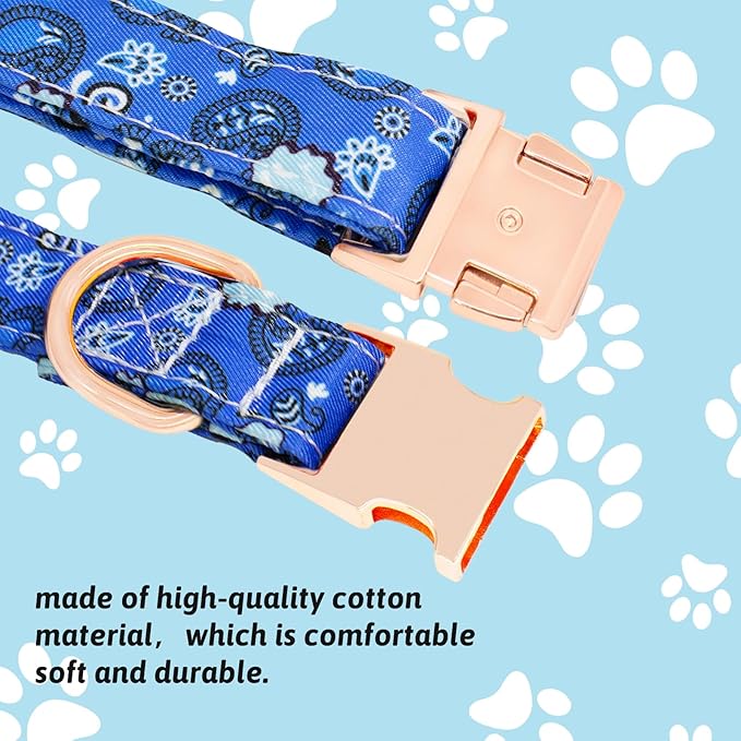 Dog Collar and Leash Set Girls Adjustable Puppy Collars with Floral Bow Tie for Small Medium Large Female Dogs, BluePaisley, M